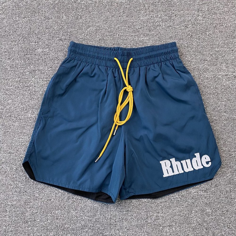 Rhude Classic Spellout Nylon Blue Shorts W/ Extended Drawstrings